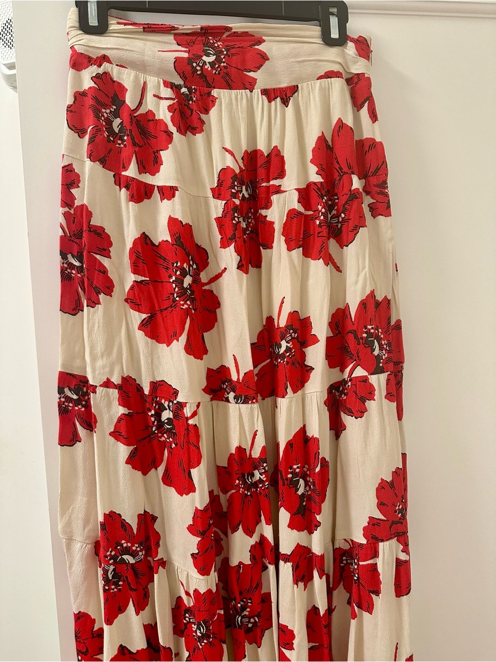 ba&sh Cream Maxi Skirt with Bold Red Floral Print
